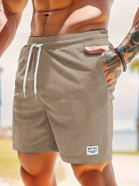 Men's Label Patchwork Regular Fit Solid Shorts With Drawstring And Pockets, Casual And Chic Shorts For Summer Beach And Daily Leisurewear