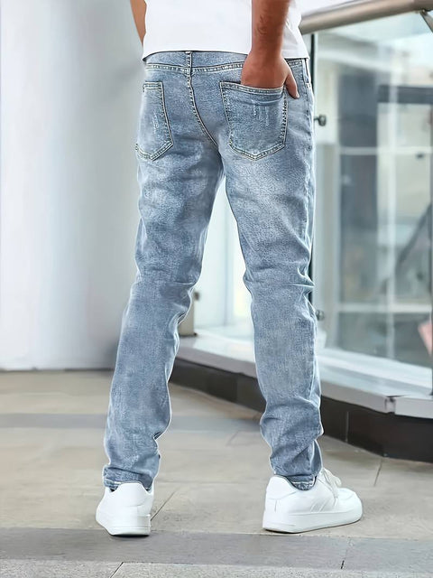 Men's Casual Medium Stretch Jeans, Classic Design Denim Pants