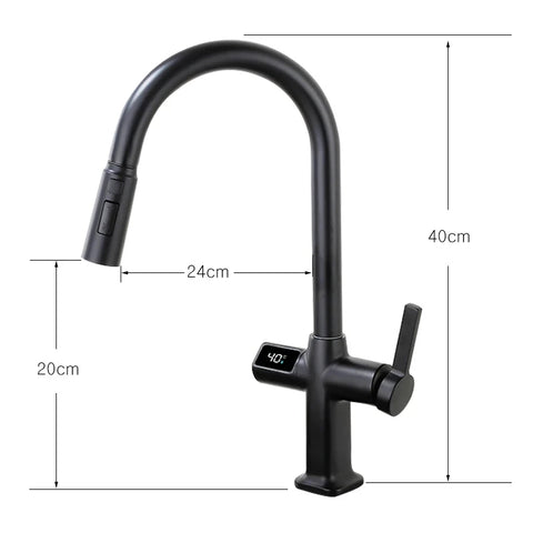 Light luxury gun gray brass kitchen faucet digital display induction design single handle cold & hot dual l 2 function sink Tap