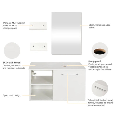 H Bathroom Vanity In White With Sink And White Top And Mirror