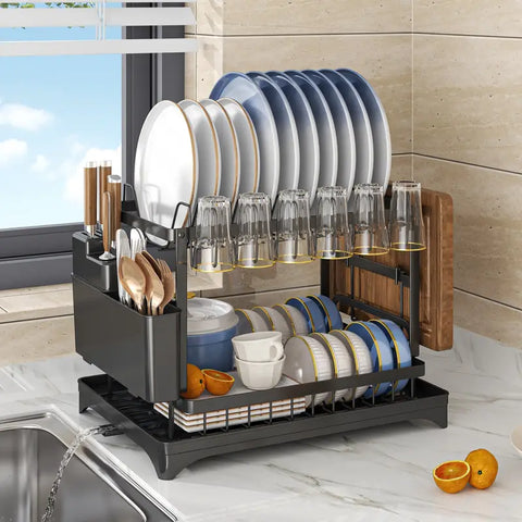 1pc Dish Rack, 2-Tier Detachable Dish Storage Rack With Drainboard Drip Line And Utensil Holders, Countertop Large Capacity Dish Drying Rack, For Kitchen Countertop, Kitchen Organizers And Storage, Kitchen Accessories