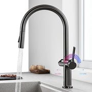 Light luxury gun gray brass kitchen faucet digital display induction design single handle cold & hot dual l 2 function sink Tap