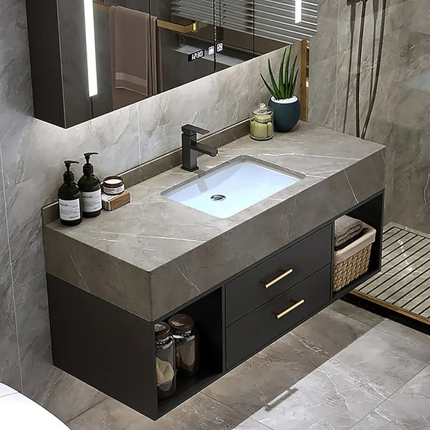Guiles Modern 39" Grey & Black Floating Bathroom Vanity Set Stone Top Wall Mounted Bathroom Cabinet