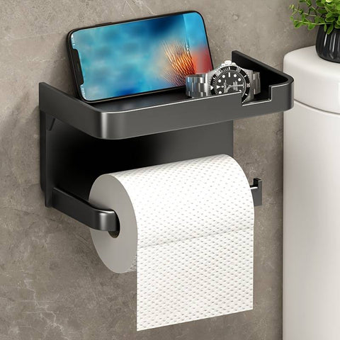 Punch-Free Wall-Mounted Toilet Paper Holder with Phone Shelf