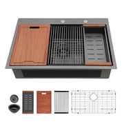 33" x 22" Gunmetal Black Drop-in Kitchen Sink Stainless Steel Workstation Sink with Two Faucet Hole
