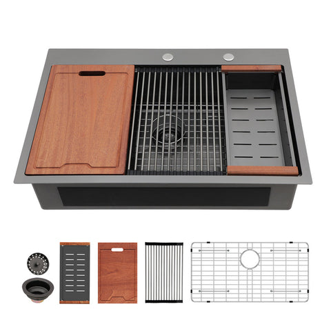 33" x 22" Gunmetal Black Drop-in Kitchen Sink Stainless Steel Workstation Sink with Two Faucet Hole