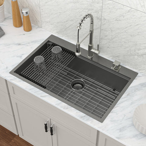 33" x 22" Gunmetal Black Drop-in Kitchen Sink Stainless Steel Workstation Sink with Two Faucet Hole