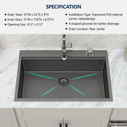 33" x 22" Gunmetal Black Drop-in Kitchen Sink Stainless Steel Workstation Sink with Two Faucet Hole