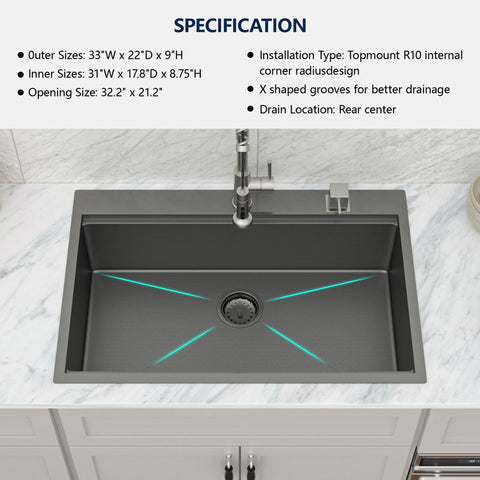 33" x 22" Gunmetal Black Drop-in Kitchen Sink Stainless Steel Workstation Sink with Two Faucet Hole