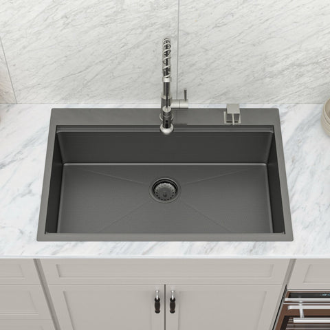 33" x 22" Gunmetal Black Drop-in Kitchen Sink Stainless Steel Workstation Sink with Two Faucet Hole