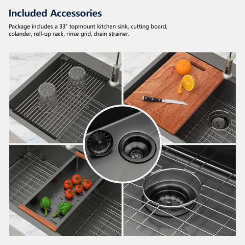33" x 22" Gunmetal Black Drop-in Kitchen Sink Stainless Steel Workstation Sink with Two Faucet Hole