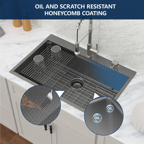 33" x 22" Gunmetal Black Drop-in Kitchen Sink Stainless Steel Workstation Sink with Two Faucet Hole