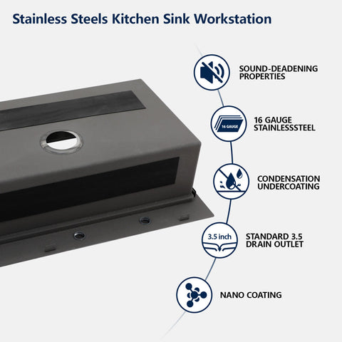 33" x 22" Gunmetal Black Drop-in Kitchen Sink Stainless Steel Workstation Sink with Two Faucet Hole