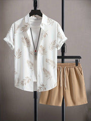 Men's Two-piece Outfits, Leaf Print Button Up Shirt And Drawstring Plain Shorts, Casual Loose Clothing For Summer