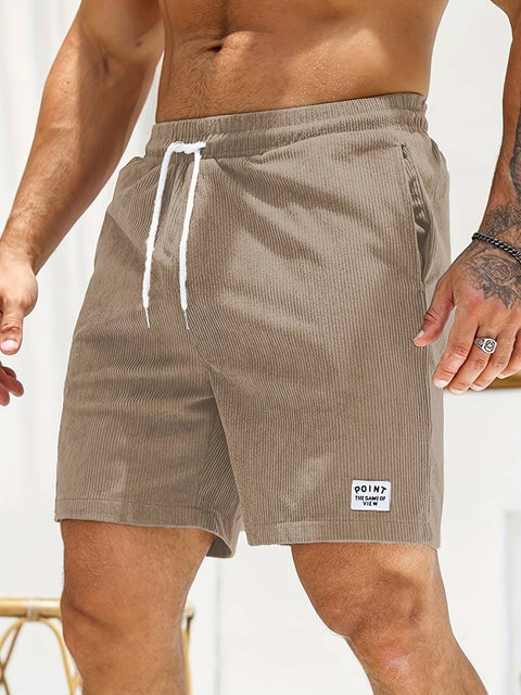 Men's Label Patchwork Regular Fit Solid Shorts With Drawstring And Pockets, Casual And Chic Shorts For Summer Beach And Daily Leisurewear