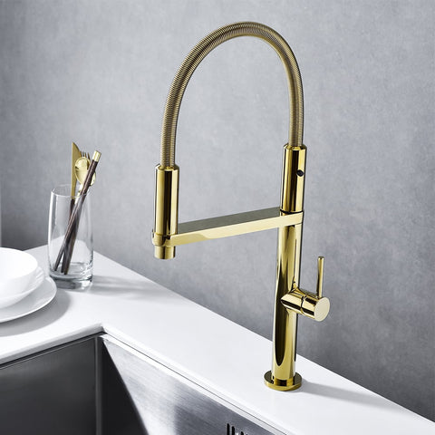 Single Hole High Arc Magnetic Kitchen Faucet Dual-Function Spray In Gold