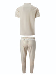 2pcs Men's Casual Short Sleeve Zip-Collar T-Shirt And Long Pants Set, Comfort Fit Loungewear, Solid Color Outfit