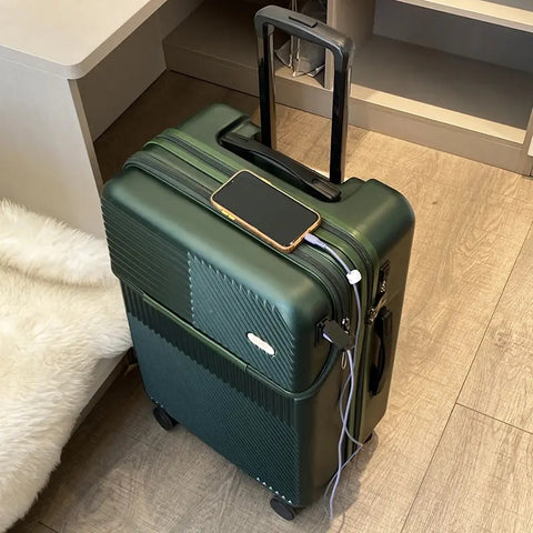 Nieuw Front Opening Boarding Koffer Mannen Vrouwen 20/24/26 Inch Lichtgewicht Trolley Reisbagage Mode Usb Opladen Bagage