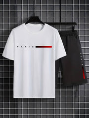 Paris Pattern Print Short Sleeve Round Neck T-shirt & Jogger Shorts Set, Summer 2Pcs Comfy Outfits For Men