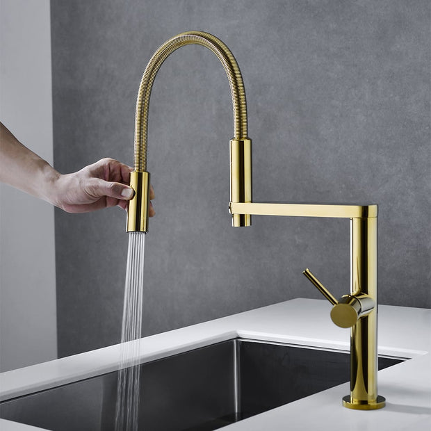 Single Hole High Arc Magnetic Kitchen Faucet Dual-Function Spray In Gold