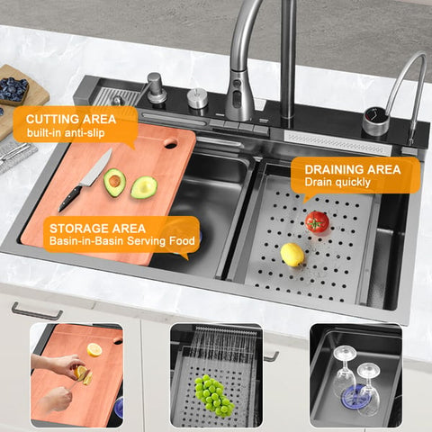 Black drop-In Workstation Kitchen Sink With Accessories.