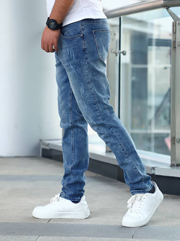 Men's Casual Medium Stretch Jeans, Classic Design Denim Pants