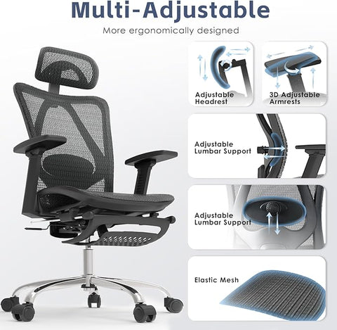 Ergonomic Office Chair, SGS Certified Gas Cylinder, 400 LBS Capacity, Retractable Footrest, Office Chair with Adjustable Lumbar Support, Gaming Chair, Mesh Office Chair