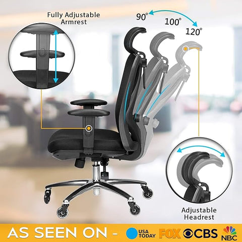 Duramont Ergonomic Office Chair - Adjustable Desk Chair with Lumbar Support and Rollerblade Wheels - High Back Chairs with Breathable Mesh - Thick Seat Cushion, Head, and Arm Rests - Reclines