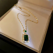 925 Silver Needle Zircon Emerald Crystal Earrings Necklace Set Clavicle Chain