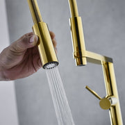 Single Hole High Arc Magnetic Kitchen Faucet Dual-Function Spray In Gold