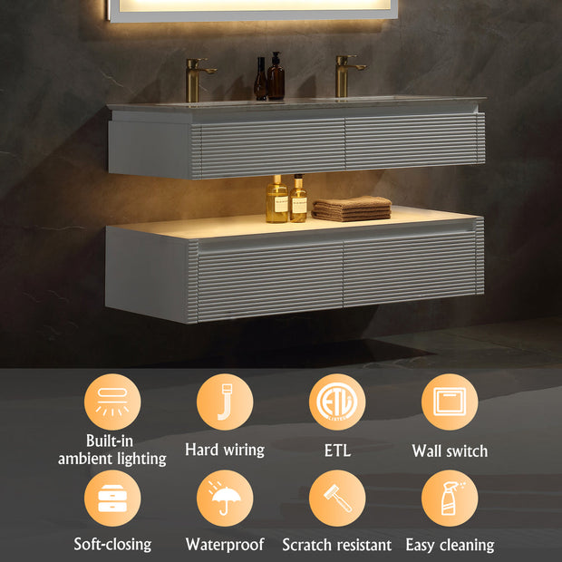 Lumino 48" Modern Double Bathroom Vanity with Engineered Stone Top and Light US