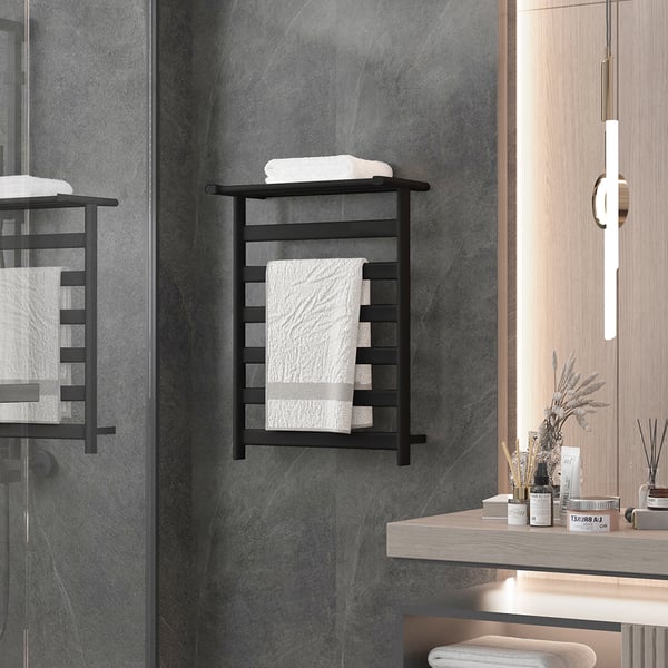 Black Wall-Mount Electric Towel Warmer Heated Towel Rack With Top Shelf Stainless Steel