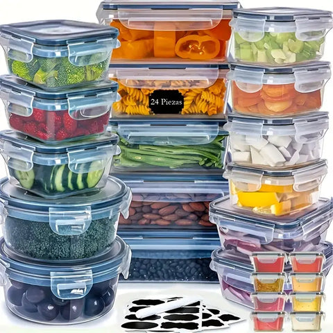 24-Piece Kitchen Storage Container Set - Microwave Safe, Freshness-Keeping Lunch Boxes With Labels & Marker Pen