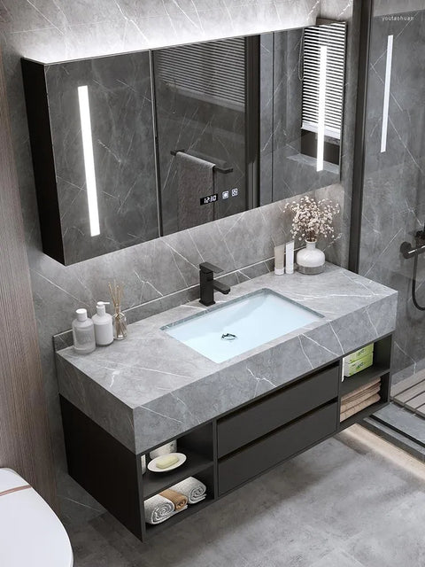 Guiles Modern 39" Grey & Black Floating Bathroom Vanity Set Stone Top Wall Mounted Bathroom Cabinet