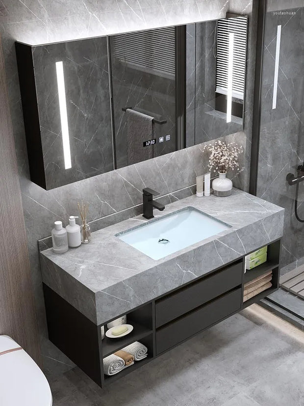 Guiles Modern 39" Grey & Black Floating Bathroom Vanity Set Stone Top Wall Mounted Bathroom Cabinet