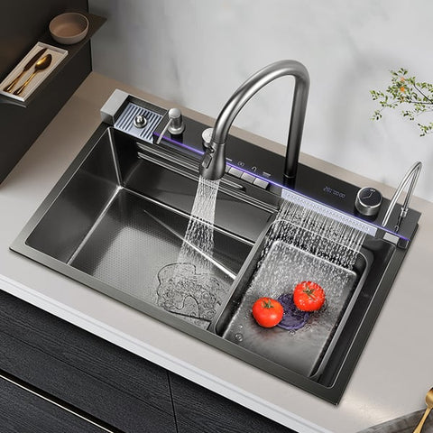 Black drop-In Workstation Kitchen Sink With Accessories.