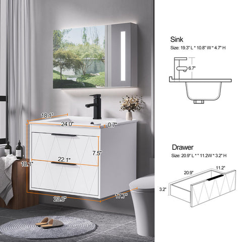 Bathilde 24" Wall Mounted Single Bathroom Vanity with Ceramic Sink Top, Zinc Alloy Faucet, Soft-Close Drawers
