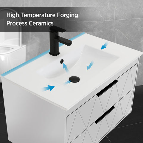 Bathilde 24" Wall Mounted Single Bathroom Vanity with Ceramic Sink Top, Zinc Alloy Faucet, Soft-Close Drawers