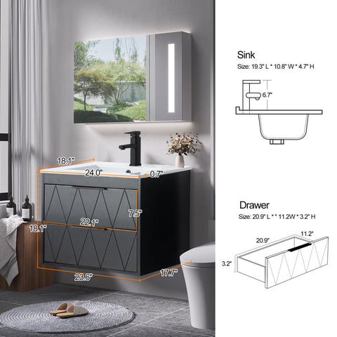 Bathilde 24" Wall Mounted Single Bathroom Vanity