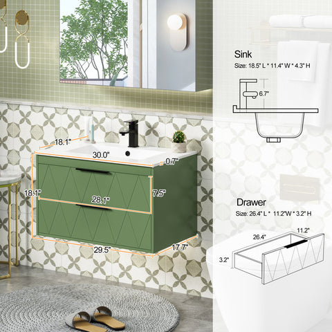 Bathilde 30" Wall Mount Single Bathroom Vanity with Ceramic Sink Top, Zinc Alloy Faucet, Pop up Drain