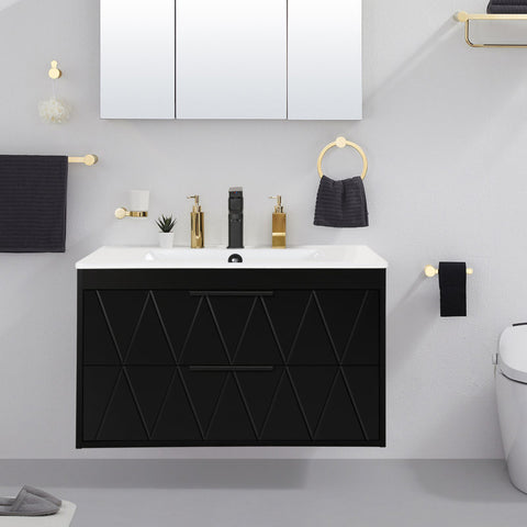 Bathilde 30" Wall Mount Single Bathroom Vanity with Ceramic Sink Top, Zinc Alloy Faucet, Soft-Close Drawers Black