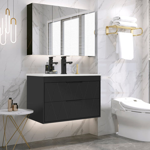 Bathilde 30" Wall Mount Single Bathroom Vanity with Ceramic Sink Top, Zinc Alloy Faucet, Soft-Close Drawers Black