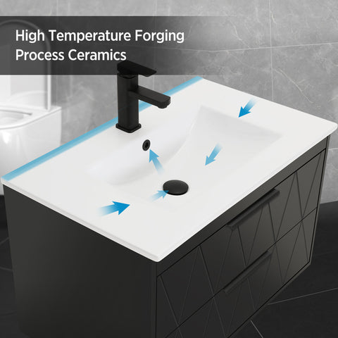 Bathilde 30" Wall Mount Single Bathroom Vanity with Ceramic Sink Top, Zinc Alloy Faucet, Soft-Close Drawers Black