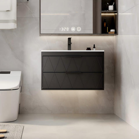 Bathilde 30" Wall Mount Single Bathroom Vanity with Ceramic Sink Top, Zinc Alloy Faucet, Soft-Close Drawers Black