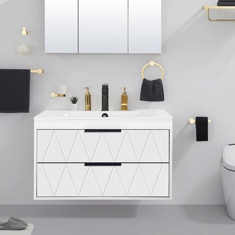 Bathilde 30" Wall Mount Single Bathroom Vanity with Ceramic Sink Top, Zinc Alloy Faucet, Soft-Close Drawers Black