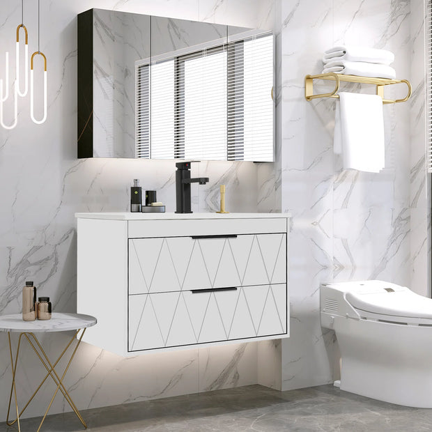 Bathilde 30" Wall Mount Single Bathroom Vanity with Ceramic Sink Top, Zinc Alloy Faucet, Soft-Close Drawers Black