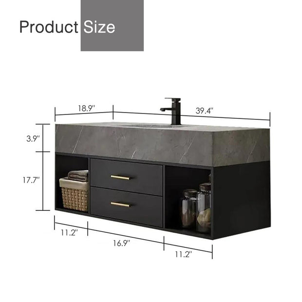 Guiles Modern 39" Grey & Black Floating Bathroom Vanity Set Stone Top Wall Mounted Bathroom Cabinet