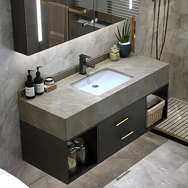 Guiles Modern 39" Grey & Black Floating Bathroom Vanity Set Stone Top Wall Mounted Bathroom Cabinet