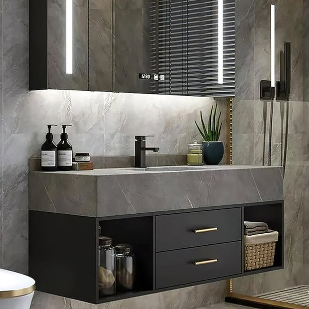 Guiles Modern 39" Grey & Black Floating Bathroom Vanity Set Stone Top Wall Mounted Bathroom Cabinet