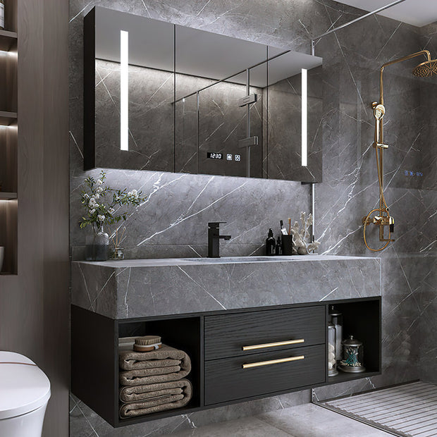 Guiles Modern 39" Grey & Black Floating Bathroom Vanity Set Stone Top Wall Mounted Bathroom Cabinet